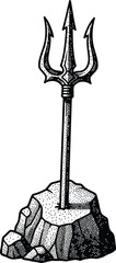 Mythological Trident of Poseidon Embedded in Stone Rock Woodcut Engraving Style Black and White Vector