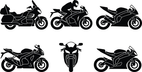 Sport motorcycle silhouettes collection racing bikes rider speed power transport isolated black white illustration motorbike design concept © Ayejoddin