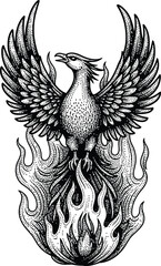 Phoenix Rising from Flames Engraving Style Black and White Vector Illustration