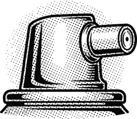 Vintage Electric Pencil Sharpener Illustration with Halftone Dot Texture in Black and White Retro Engraving Style