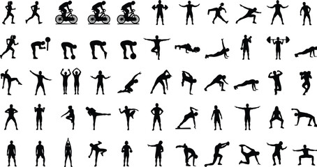 Sports and fitness silhouettes mega collection, athletes training exercises, running cycling gym workouts, healthy lifestyle, strength motion, black vector set