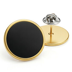 Two round gold and black lapel pins with silver clasps
