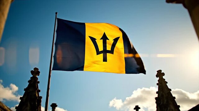 Flag of Barbados with trident against clear sky. Barbados national symbol and flag display. Central trident on the Barbadian flag outdoors.