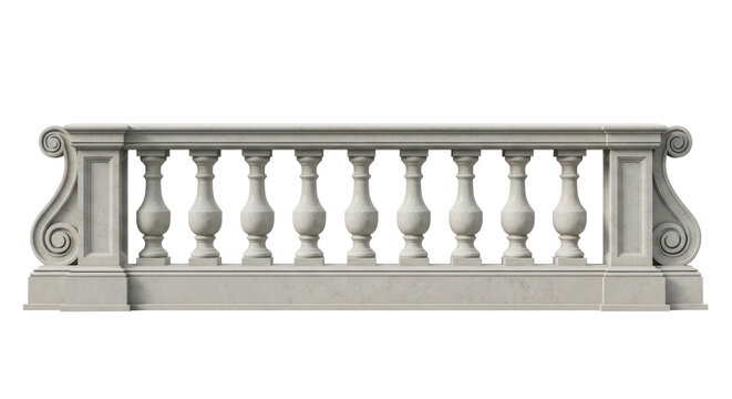 A classical stone balustrade with ornate balusters and a decorative top rail.