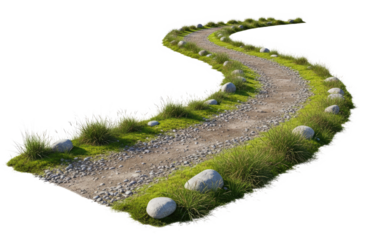 A winding, grass-covered path with rocks and grass on both sides, leading towards a png transparent