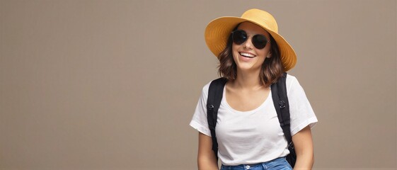 Cheerful young woman traveler wearing a yellow straw hat and sunglasses with a black backpack smiling against a neutral background. Summer Vacation.