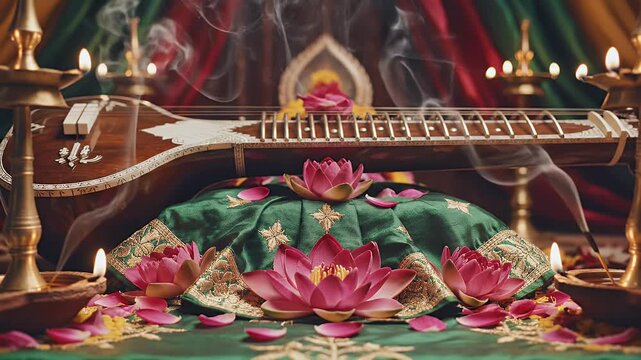 Matangi Jayanti background with veena and lotus symbols for Hindu devotional worship