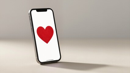 A modern sleek smartphone stands upright on a neutral surface displaying a vibrant red heart icon on a white screen. Online dating and Valentine's Day theme.