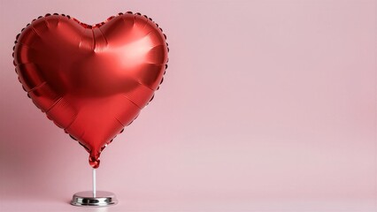 Red metallic heart shaped foil balloon standing on a silver base against a soft pink background, Valentines Day.