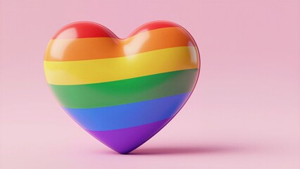A glossy heart shaped object decorated with vibrant rainbow stripes isolated on a soft pink background. Pride Month.