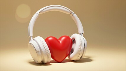 White wireless headphones over a red heart on a beige background representing love for music. Valentines Day.