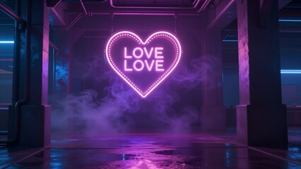 A glowing pink neon heart sign with the word LOVE hangs in a dark smoke-filled industrial warehouse room. Valentine Day.