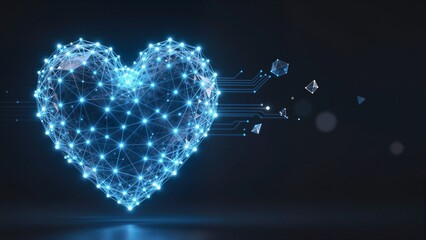 A glowing blue digital network heart with circuit board lines and geometric shapes on a dark background representing futuristic love and innovation. Valentine's Day.