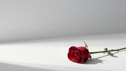 Single long stem red rose lying on a minimalist white surface with soft window light and shadows, symbolizing love and romance for Valentines Day.