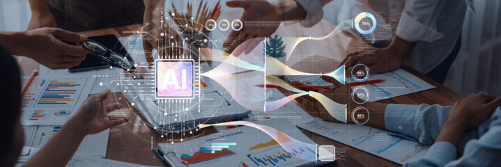 A dynamic business meeting showcases collaboration and innovative discussions, featuring AI graphics that enhance data analysis and strategic planning. Trope