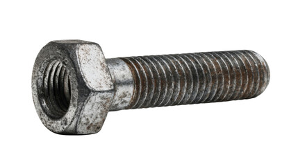 Old rusty hex bolt with a weathered metal surface and visible threading, industrial hardware element on transparent background