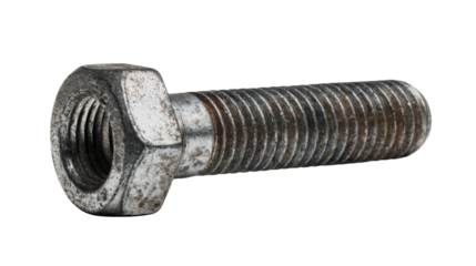 Old rusty hex bolt with a weathered metal surface and visible threading, industrial hardware element on transparent background