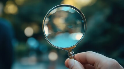 A human hand carefully holds a magnifying glass, focusing its lens on a blurred outdoor environment, representing concepts of inquiry, exploration, and meticulous inspection