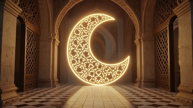 Glowing Crescent Moon Symbol in Ornate Islamic Architecture.