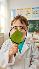Vertical shot of a curious child exploring science in a school setting