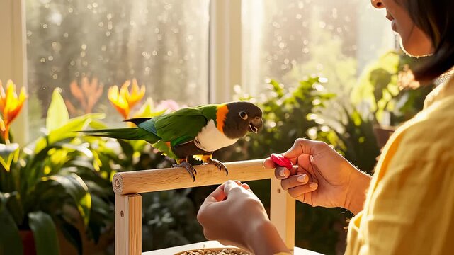 Woman Feeds Her Pet Black-Headed Parrot in Sunny Indoor Setting