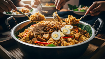 A delicious meal is being served from a large pan with various hands reaching in to grab portions of food