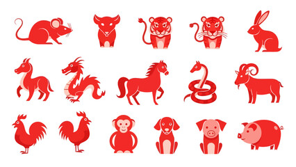 Collection of 12 red Chinese zodiac animals in cartoon style on white background