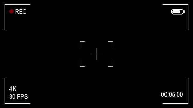 Video camera recorder screen overlay on a transparent background, 4K camcorder interface for video cameras with alpha channel, Camera recording screen interface with 30 second timer