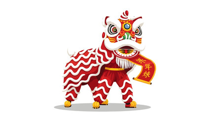 Vibrant red lion dance costume with white accents and Chinese characters on banner © Dinovolt Labs