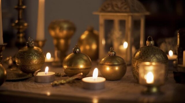 Golden decorative vases and lit candles on a wooden table with soft lighting.