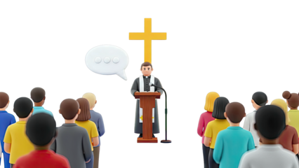 Priest preaching to congregation with cross and speech bubble
