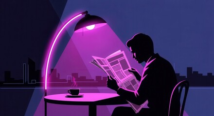 Silhouette of a man reading newsprint under a glowing lamp in an urban setting