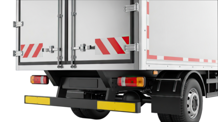 Rear view of a white delivery truck with reflective markings