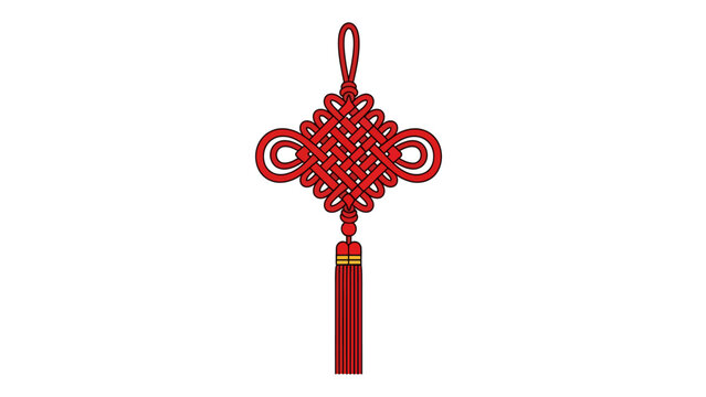 Red Chinese knot ornament with intricate design and tassel on white background