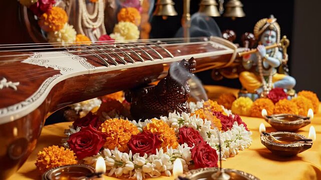Narada Jayanti background with veena instrument and floral offerings for Hindu devotion