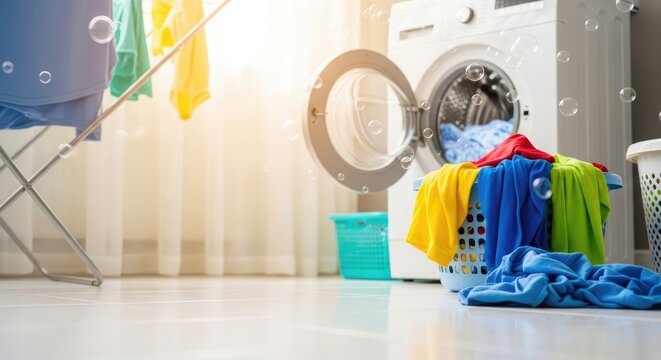 A colorful laundry basket with clothes and a washing machine in a bright, well-lit room with a white curtain and a blue and white basket.