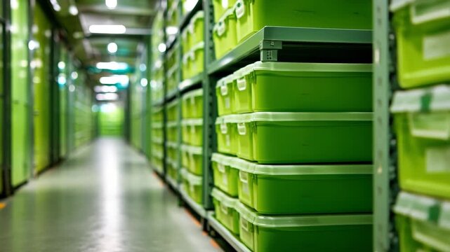 Green plastic storage boxes stacked metal shelves clean, well lit industrial warehouse aisle with organized shelf and bright reflective floor aisle