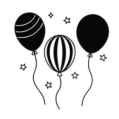 Black and white line art of two floating balloons with strings,Simple line art illustration of three balloons, one black and two white,