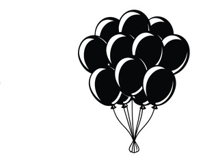 Black and white line art of two floating balloons with strings,Simple line art illustration of three balloons, one black and two white,
