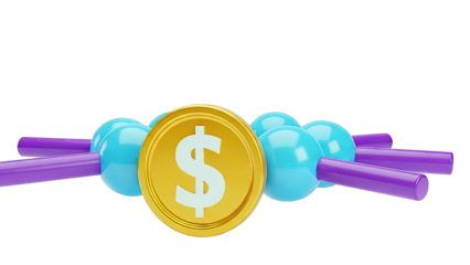 Gold Dollar Coin Surrounded by Abstract Blue Spheres and Purple Rods