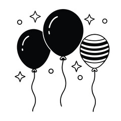 Black and white line art of two floating balloons with strings,Simple line art illustration of three balloons, one black and two white,