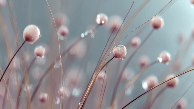 Soft pink moss spore capsules with water droplets thin brown stalks close up calm blurred background showcasing delicate natural beauty and peaceful