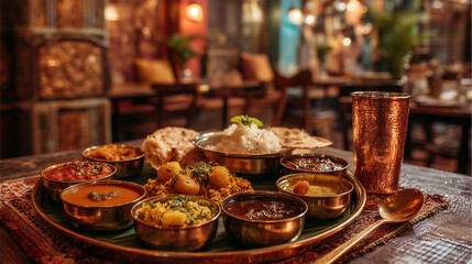 Fototapeta premium Traditional indian thali platter served in a cozy restaurant