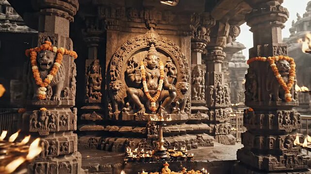 Narasimha Jayanti background with lion motifs and temple carvings for Hindu worship