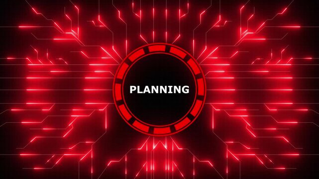Planning text displayed within futuristic circuitry theme on deep blue background, 4k video