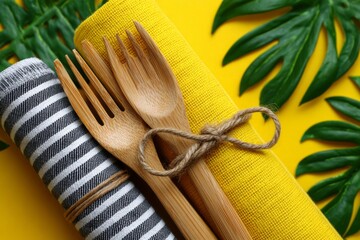 Vibrant flatlay of bamboo forks bound with twine atop striped and yellow napkins, framed by lush green leaves on a bold background, ideal for eco party or summer promos.