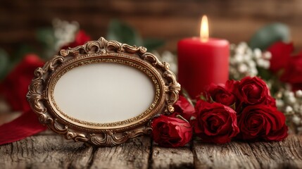 Romantic arrangement of an ornate empty frame, lush red roses, and glowing candle on aged wood, ideal for Valentine campaigns, invitations, and sentimental celebration designs.