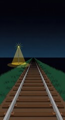 Illuminated railway tracks stretch toward a distant horizon under a dark nighttime sky