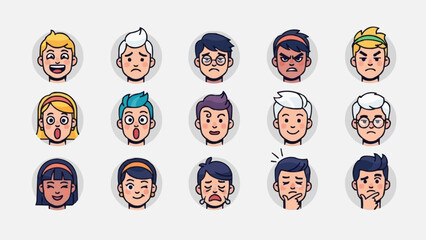 Collection of diverse cartoon faces showing various emotions and expressions.