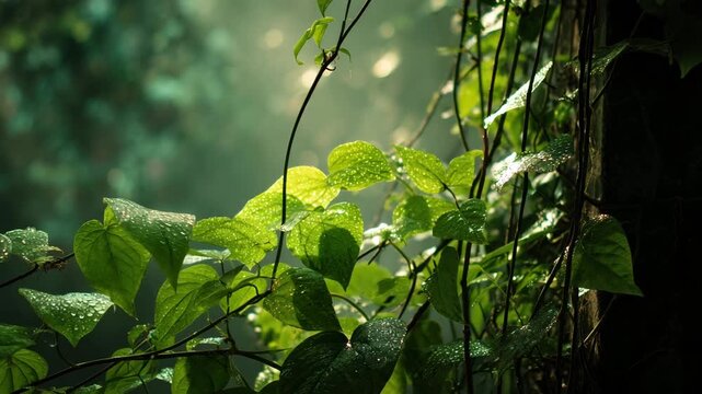 Jungle scene with fresh green leaf and vine bathed in soft morning light dew, tropical nature glistening peacefully under gentle sunlight atmosphere
